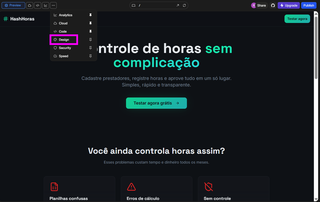 Tela do Lovable em modo preview mostrando a landing page do SaaS HashHoras para controle de horas de prestadores de serviço, com destaque para a opção Design no menu da plataforma