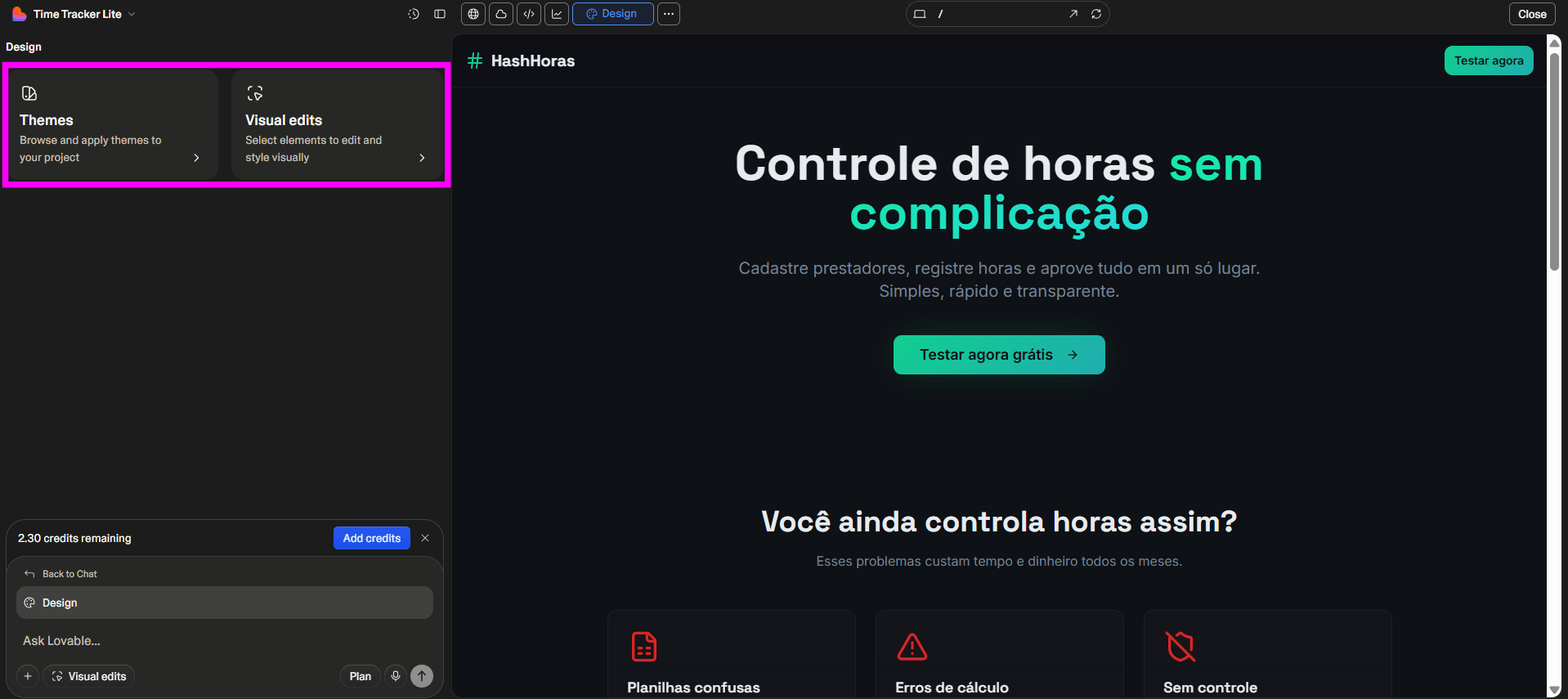 Interface do Lovable na aba Design mostrando as opções Themes e Visual edits para personalizar o visual da landing page do SaaS HashHoras