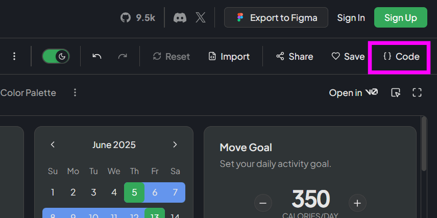 Tela do editor de temas Tweakcn com destaque para o botão Code, que permite visualizar e copiar o código do tema shadcn/ui personalizado