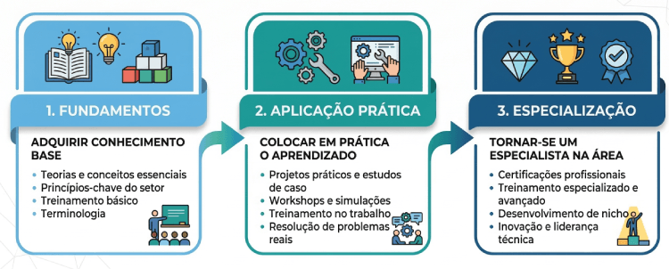 Modelo de trilha de hard skills dividido em fundamentos ferramentas e especialização