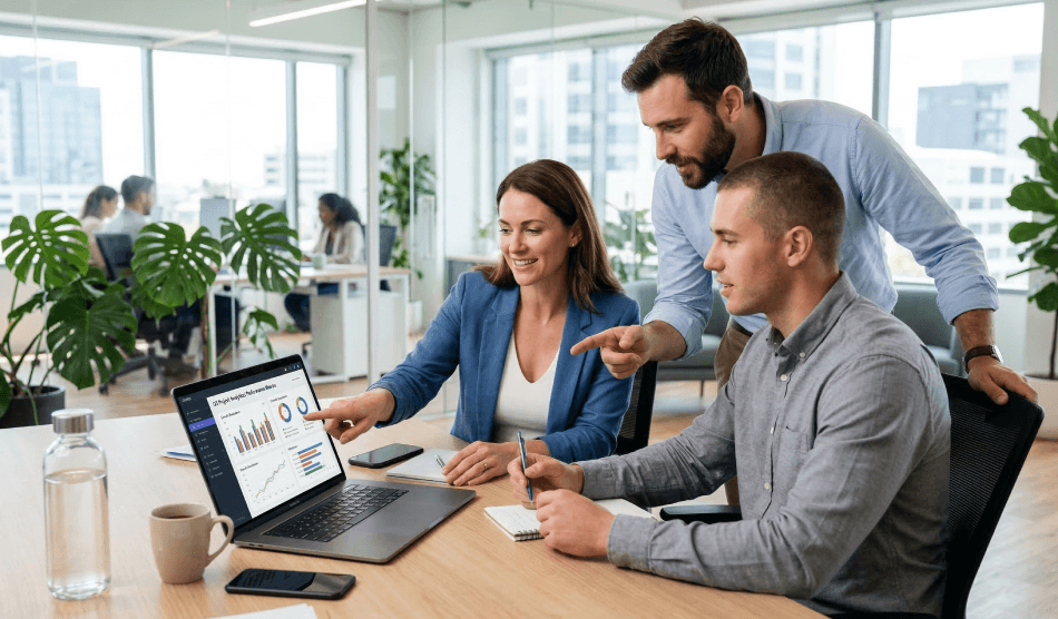 Equipe aplicando trilhas de hard skills em projetos reais no ambiente de trabalho