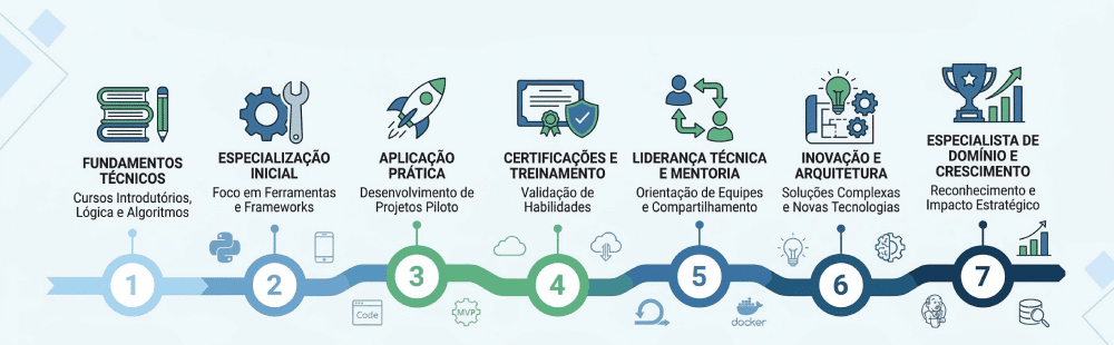 Diagrama de trilha de hard skills mostrando evolução de aprendizado e desenvolvimento técnico na carreira