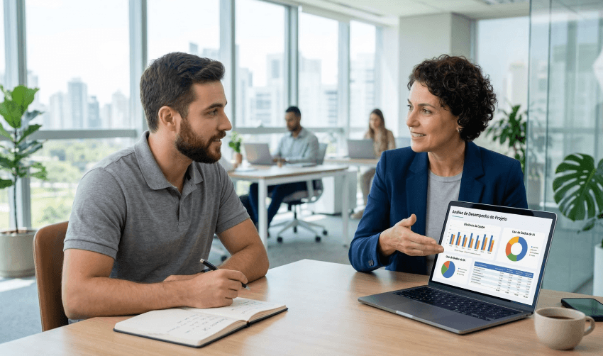 Gestor orientando colaborador no desenvolvimento de trilhas de hard skills dentro da empresa