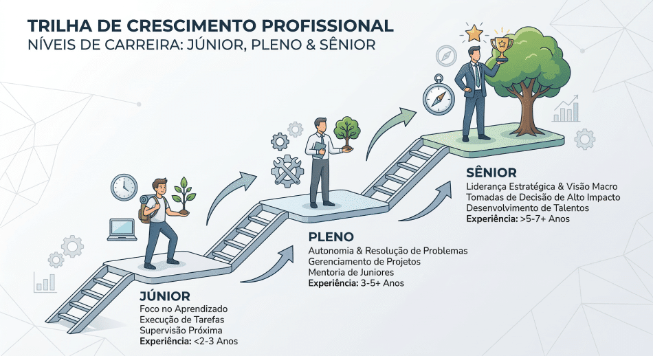 Ilustração de progressão de carreira mostrando níveis júnior pleno e sênior em trilhas de hard skills