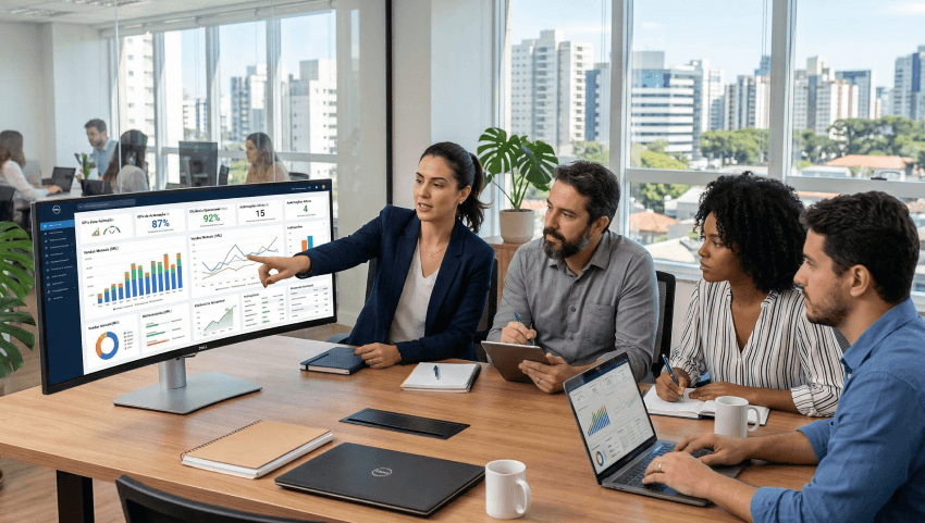 Equipe utilizando agentes de IA nas empresas para automação de tarefas e análise de dados no trabalho