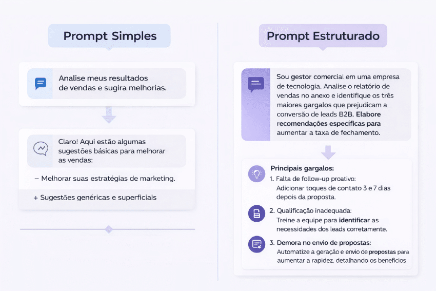 Comparação entre prompt simples e prompt estruturado mostrando como criar prompts para IA com melhores resultados