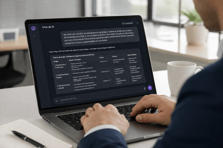 Profissional criando prompts para IA no trabalho utilizando estrutura estratégica para obter melhores respostas