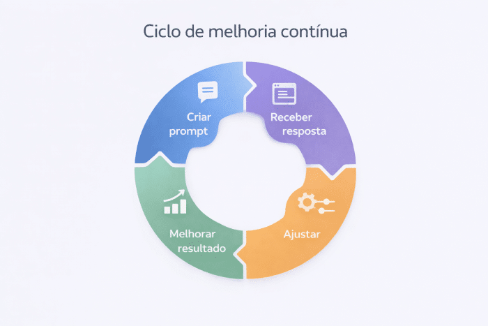 Ciclo de melhoria contĂnua no uso de IA refinando prompts para obter respostas mais precisas