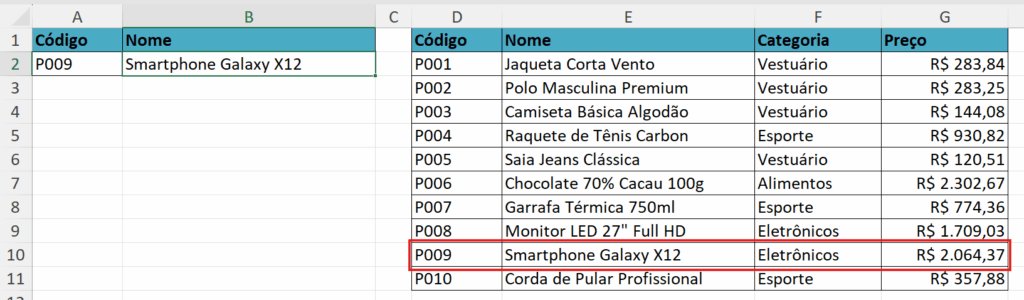 função PROCV no Excel buscando dados entre tabelas diferentes