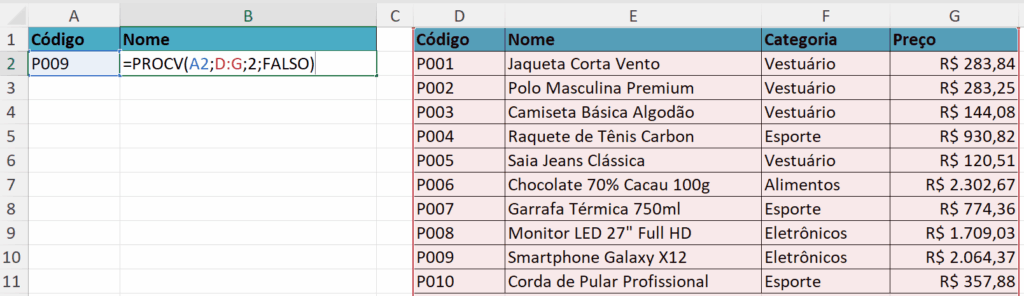 print de uma fórmula PROCV buscando o nome de um produto a partir de um código em outra tabela