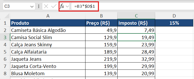 exemplo de referência absoluta no Excel com cifrão travando a célula