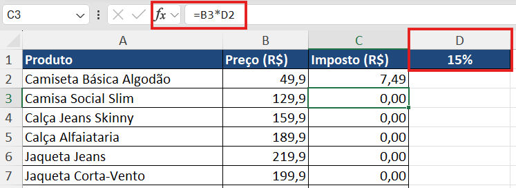 print comparando a fórmula =B2*D1 quebrando ao ser copiada