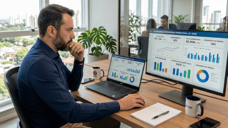 Gestor analisando dados e indicadores em dashboard para tomada de decisĂŁo baseada em dados