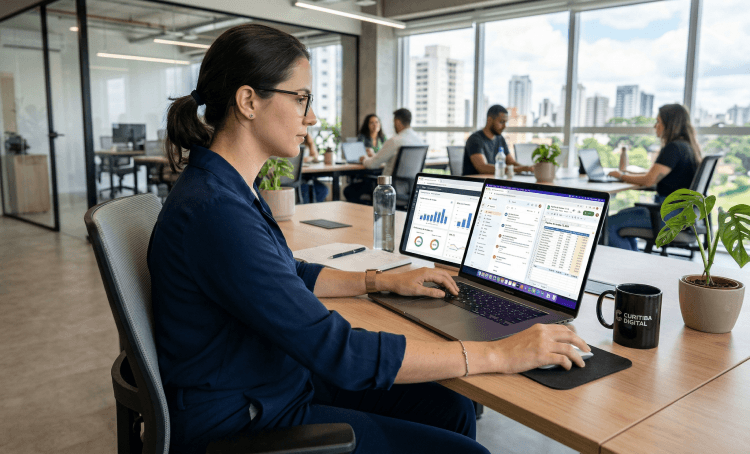 Profissional utilizando ferramentas digitais no trabalho representando habilidades técnicas para gestores