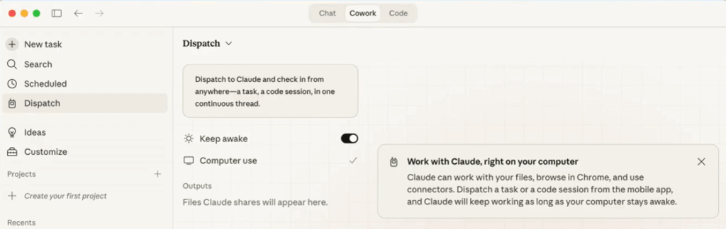 Claude Dispatch painel no Claude Desktop com opção Computer Use ativada