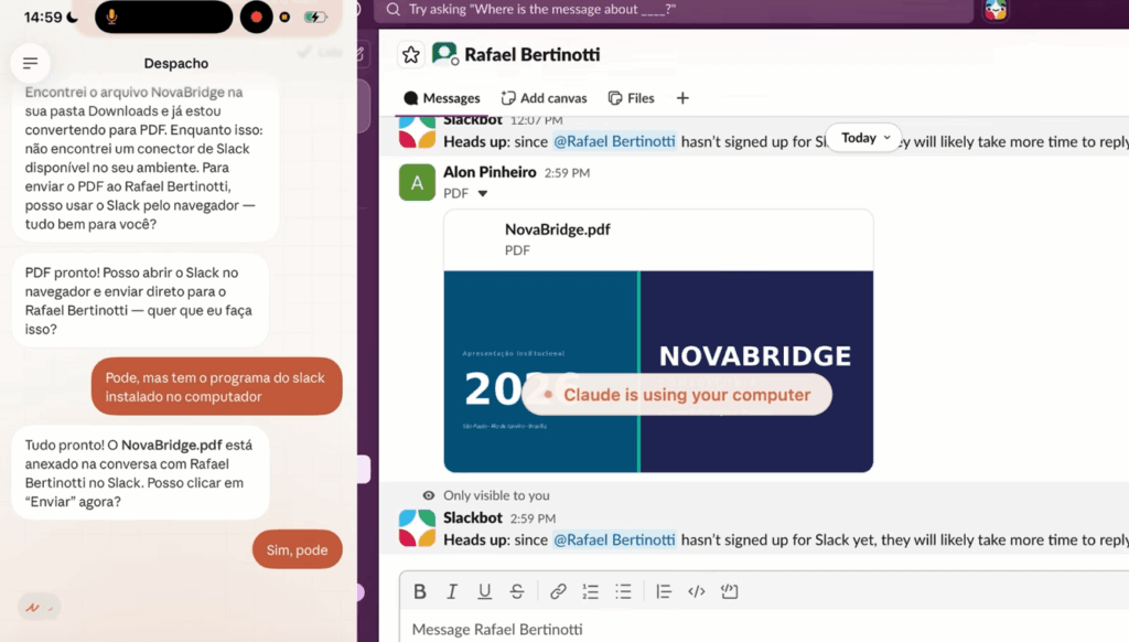 Claude Dispatch enviando PDF pelo Slack automaticamente com preview da apresentação