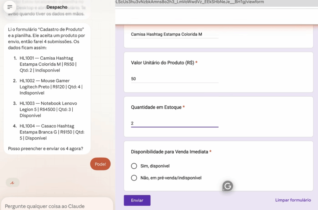 Claude Dispatch preenchendo formulário Google automaticamente com dados da planilha