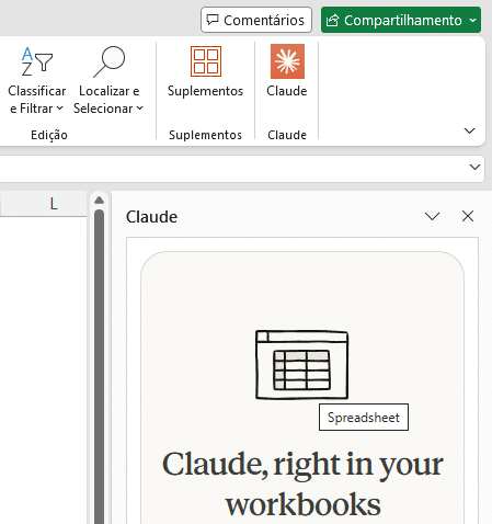 painel do Claude no Excel aberto com campo de chat lateral e planilha de dados ao fundo