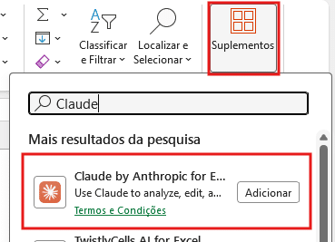 complemento Claude by Anthropic for Excel no Microsoft Marketplace com botão instalar