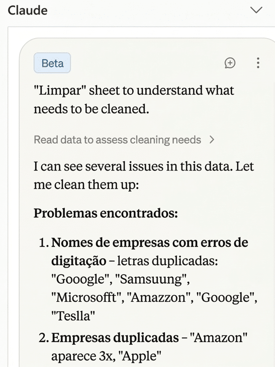 planilha automática com IA corrigindo dados bagunçados no Excel usando Claude