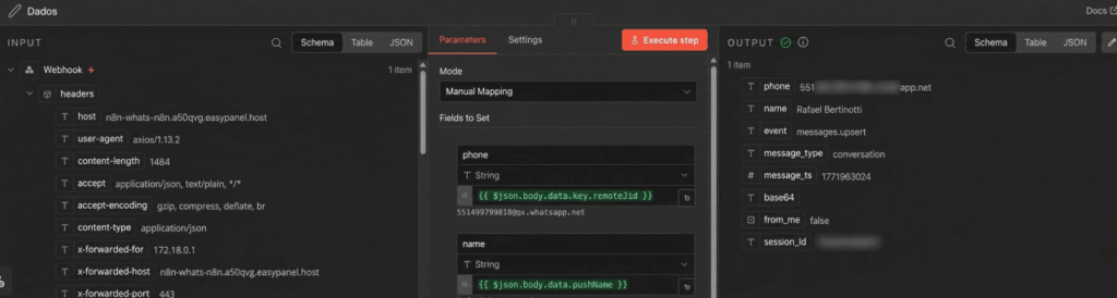 Nó Dados tratando os dados recebidos do webhook