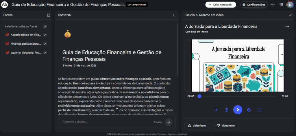Interface do NotebookLM com notebook aberto e fontes carregadas