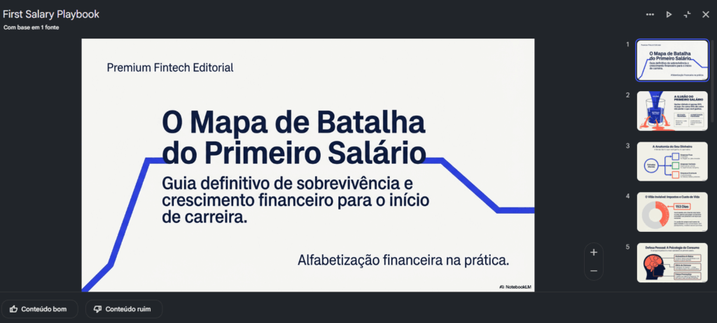 Descrição: exemplo de apresentação em slides gerada pela IA sobre planejamento financeiro