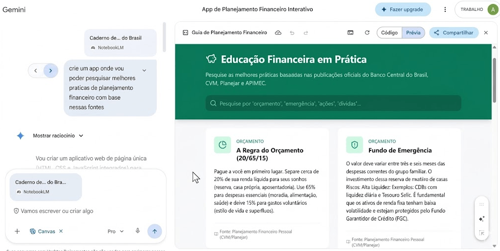 tela mostrando NotebookLM como fonte no Gemini criando app