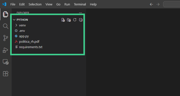 Interface do VS Code com o explorador de arquivos aberto mostrando uma pasta chamada “PYTHON”. Dentro dela há as pastas “venv” e “.env”, e os arquivos “app.py”, “politica_rh.pdf” e “requirements.txt”. A área principal do editor está vazia