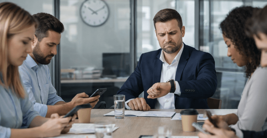 líder em reunião improdutiva com equipe distraída e perda de tempo no ambiente corporativo