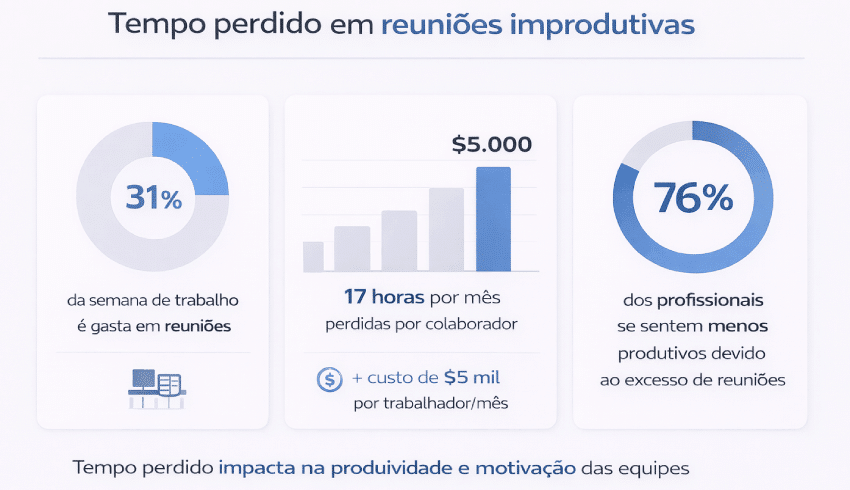 infográfico mostrando dados sobre tempo perdido em reuniões improdutivas nas empresas