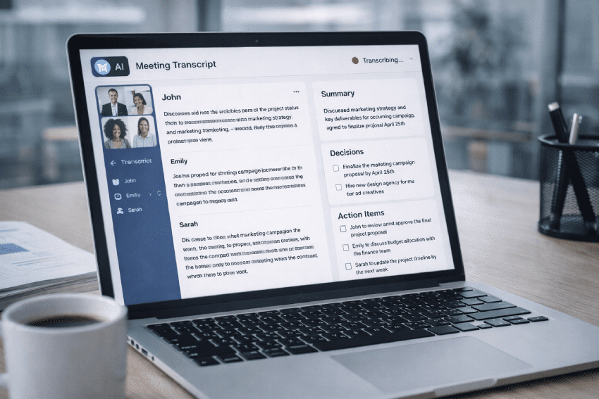 ferramenta de inteligência artificial transcrevendo e resumindo reunião automaticamente