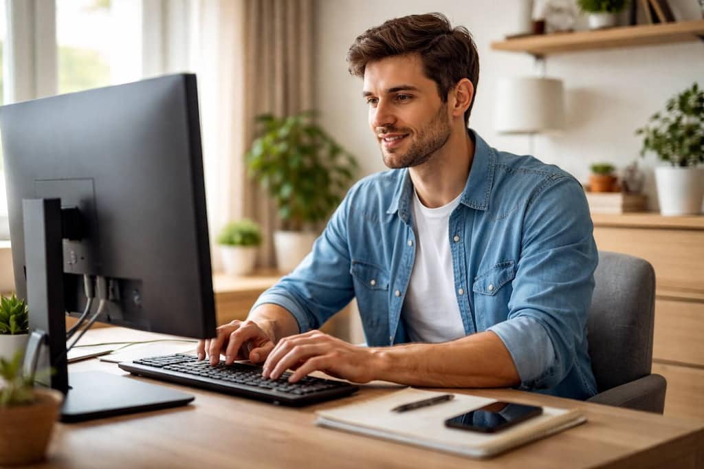 Um homem de barba curta e vestindo uma camisa jeans sobre uma camiseta branca está sentado em frente a um computador desktop, digitando no teclado e olhando para o monitor. Ele está em um escritório doméstico ou local de trabalho bem iluminado, com plantas, prateleiras de madeira e outros móveis ao fundo. Na mesa, há também um caderno, uma caneta e um smartphone. O homem parece focado em sua tarefa, possivelmente estudando ou desenvolvendo projetos utilizando as bibliotecas Python para IA.