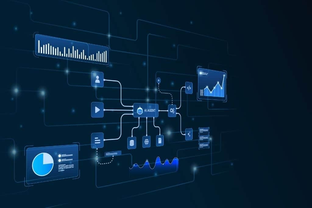 Uma imagem com estética futurista em tons de azul escuro mostra um diagrama de interface digital focado em um pipeline de dados automatizado. No centro da composição, um ícone de agente de inteligência artificial atua como o núcleo central, conectando-se através de linhas brilhantes a diversos pontos de entrada e saída, como bancos de dados, arquivos de vídeo, perfis de usuários e códigos de programação. Elementos de visualização, incluindo gráficos de linha e barras flutuantes, aparecem nas extremidades para demonstrar o monitoramento em tempo real do fluxo de engenharia de dados.