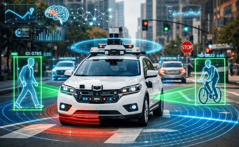 carro autônomo com sensores de IA sendo testado em cidade em 2026
