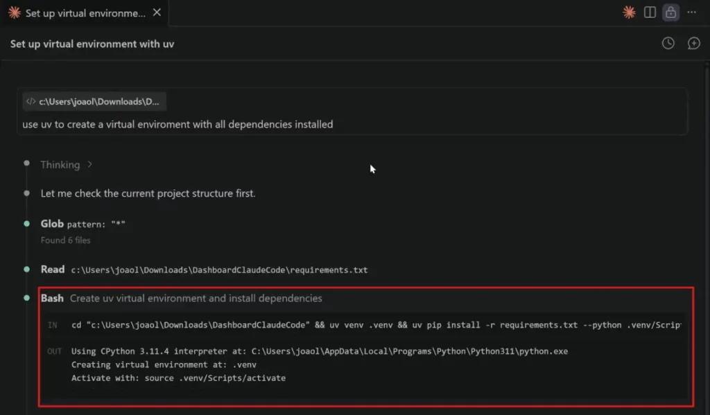 Print do terminal com Claude Code instalando as dependências via pip automaticamente