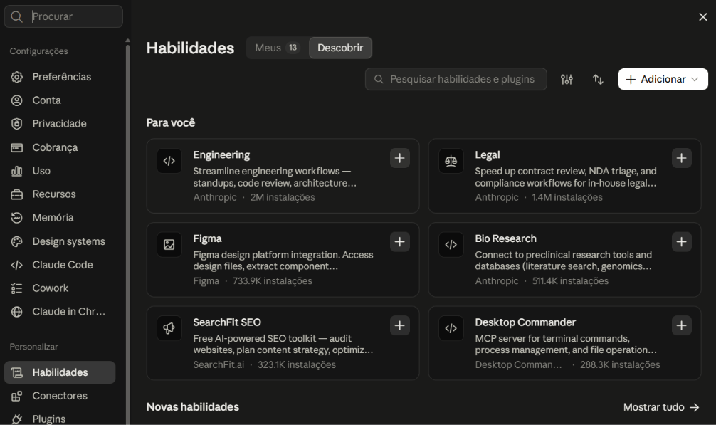 Diretório de Skills do Claude com habilidades para instalar