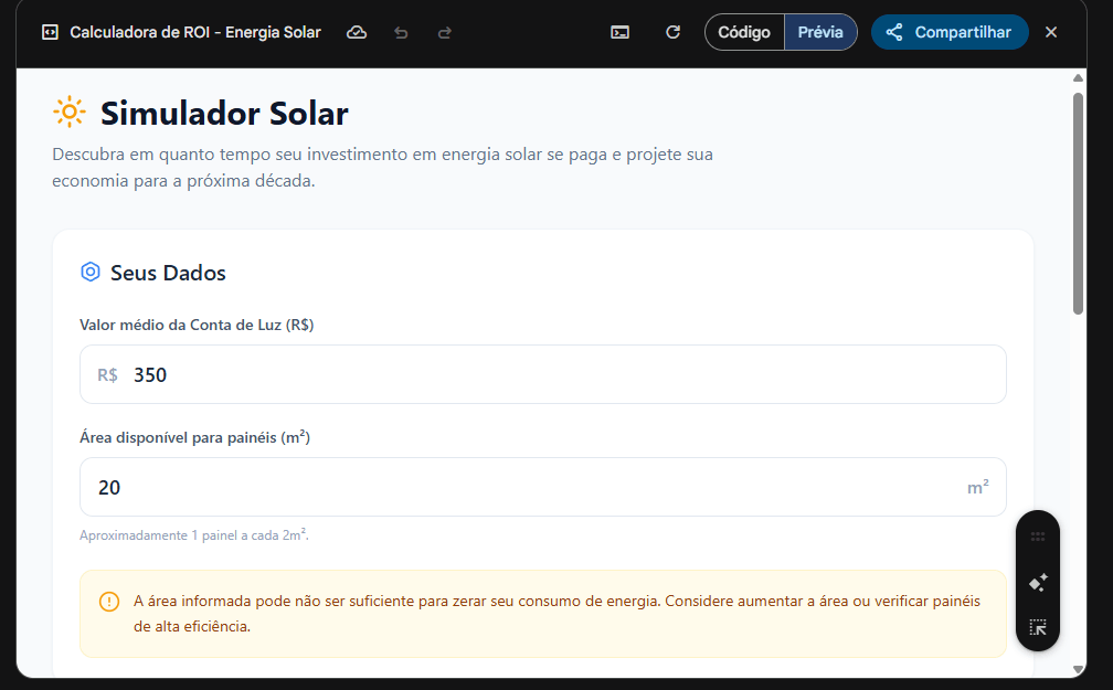 Calculadora de ROI para Energia Solar criada com Gemini