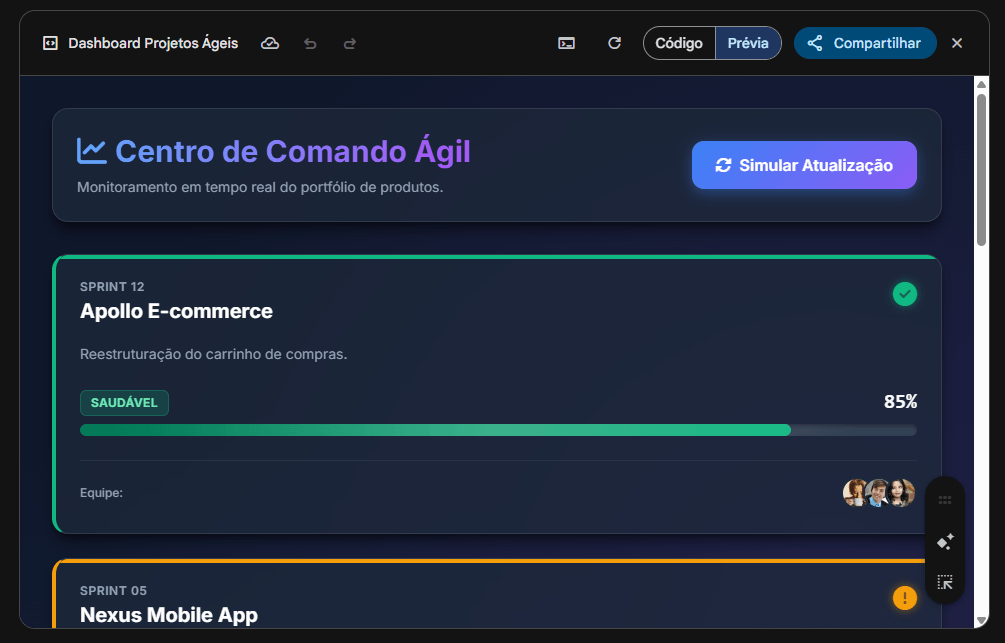 Dashboard de Monitoramento de Projetos Ágeis criado com Canvas do Gemini