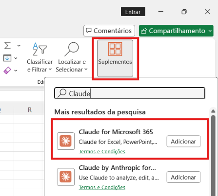 Instalação do suplemento do Claude pelo menu Suplementos do Excel