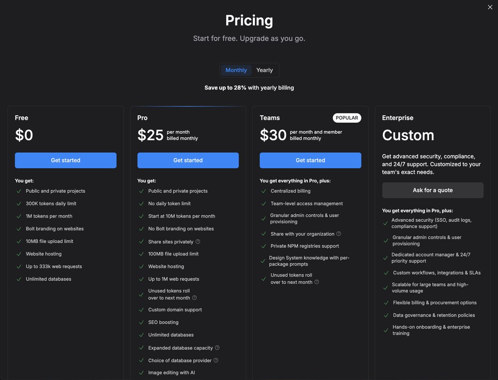 Tela de preços da plataforma Bolt.new mostrando diferentes planos como Free, Pro, Teams e Enterprise, com valores mensais, lista detalhada de recursos e botões de ação para começar, tudo organizado em um layout escuro e profissional voltado para comparação de planos.