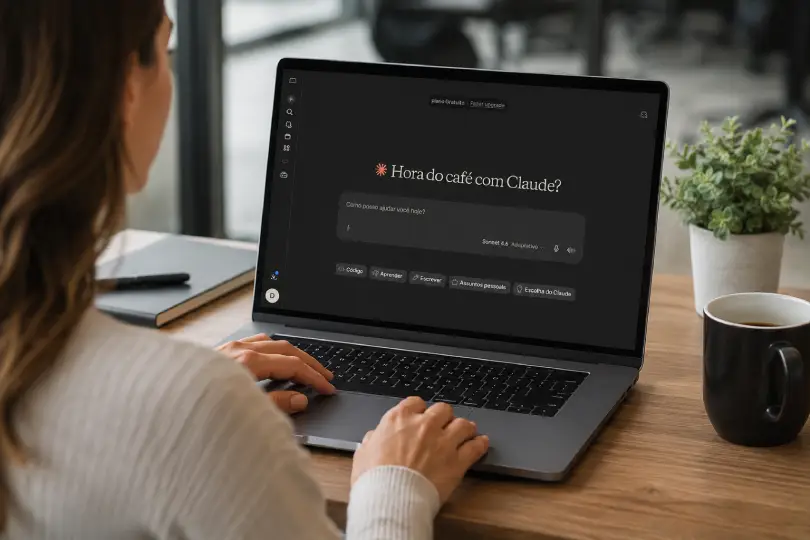 Profissional utilizando Claude para empresas em ambiente corporativo moderno