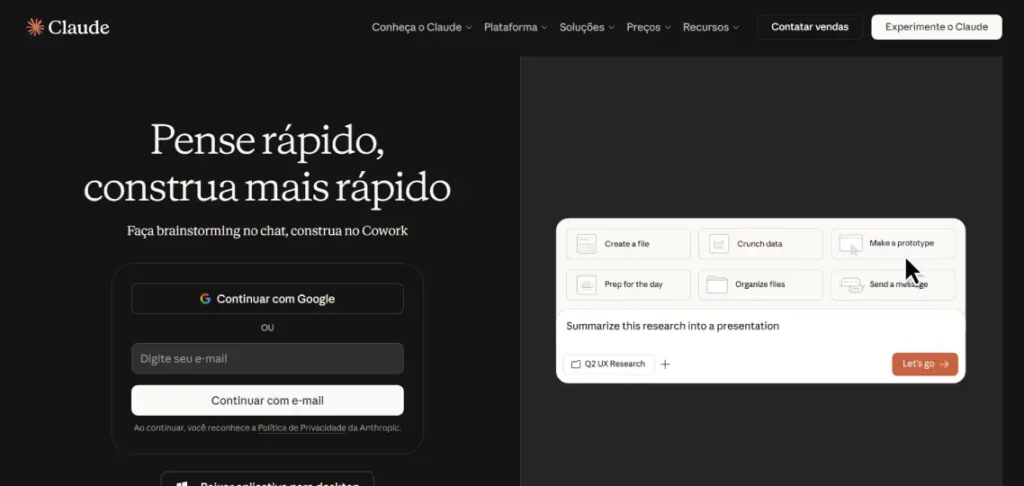 Tela de login e criação de contas do Claude