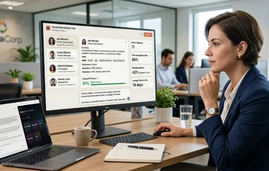 Profissional de RH utilizando inteligência artificial para recrutamento e análise de currículos