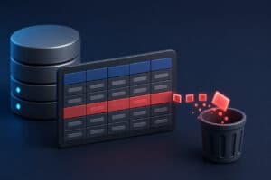Ilustração 3D de banco de dados com uma tabela digital destacada e blocos sendo removidos para uma lixeira, representando o uso do SQL DELETE para excluir registros de forma visual.