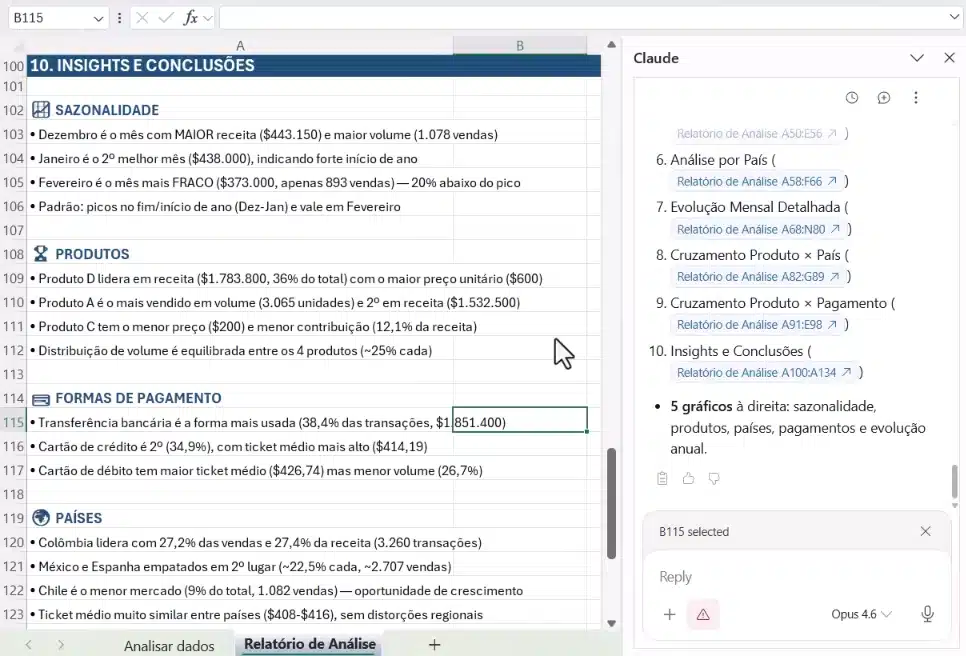  aba "Relatório de Análise" criada pelo Claude dentro do Excel, com tabelas, fórmulas e gráficos.