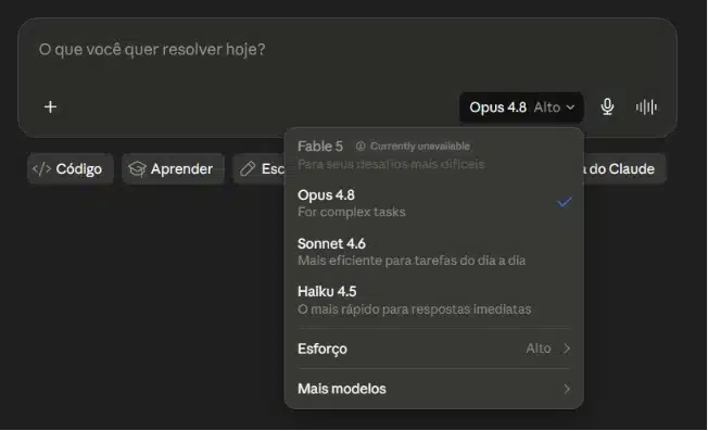 Modelos do Claude disponíveis no seletor do aplicativo