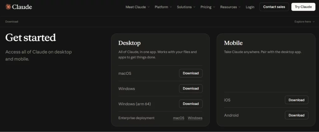 Página de download do aplicativo do Claude para Windows e Mac
