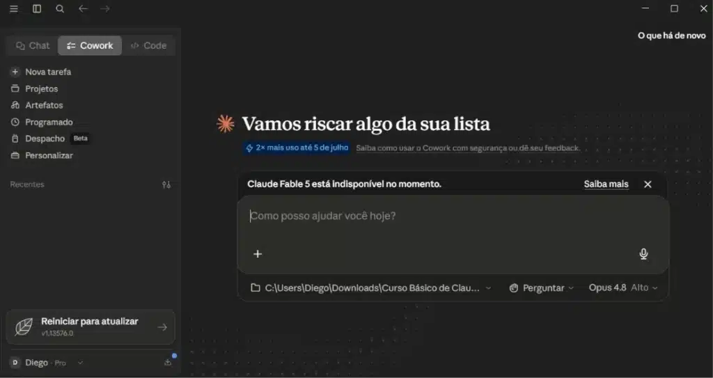 Claude Cowork aberto no aplicativo de desktop