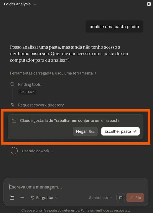 Janela de permissão do Claude Cowork pedindo acesso a uma pasta